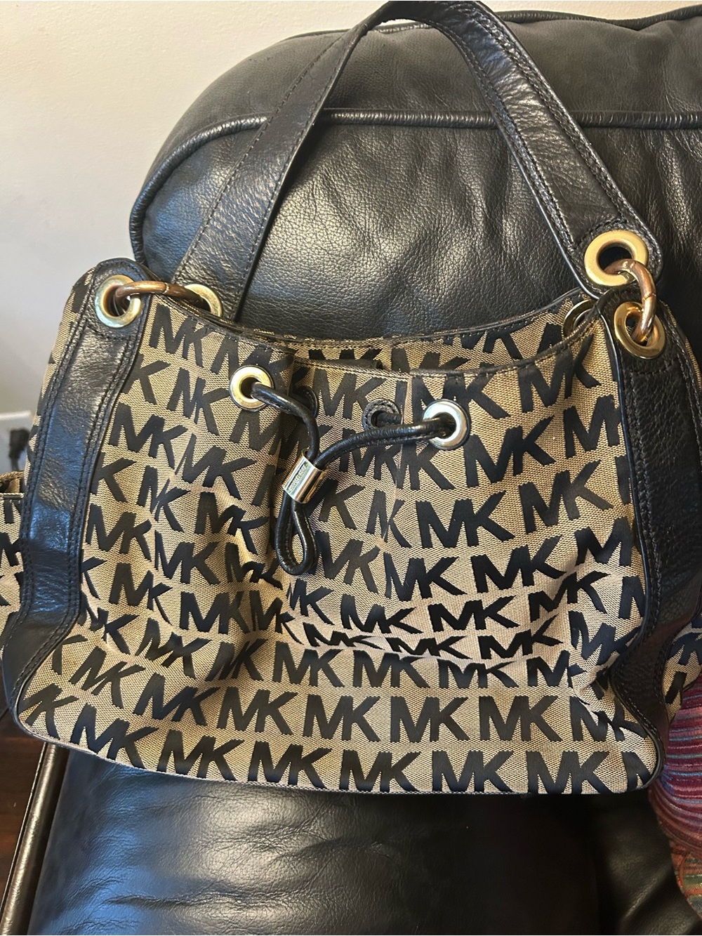 Michael Kors Black Logo Canvas and Black Leather Drawstring Shoulder Bag